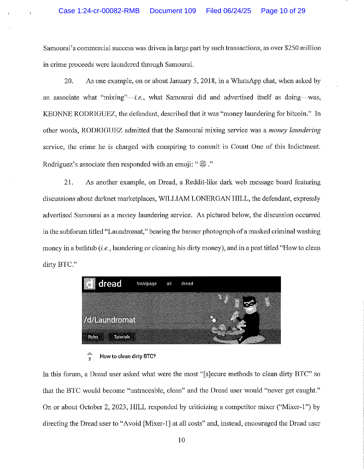 Superseding indictment page describing Hill promoting Whirlpool in a Dread thread titled How to clean dirty BTC