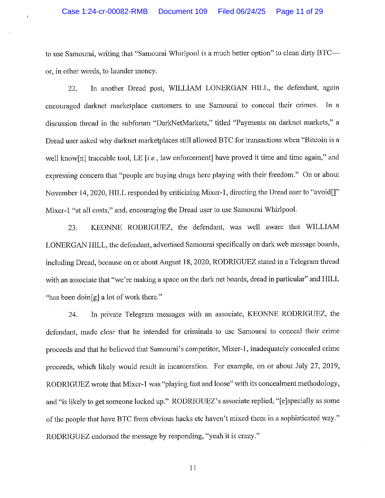 Superseding indictment page describing further Dread promotion and Rodriguez's knowledge of Hill's work there