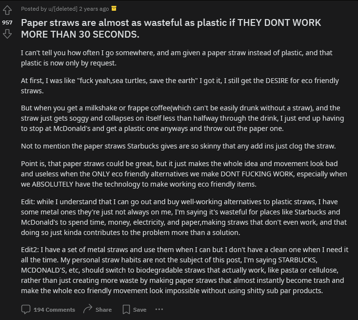 reddit user hating on plastic straws recent