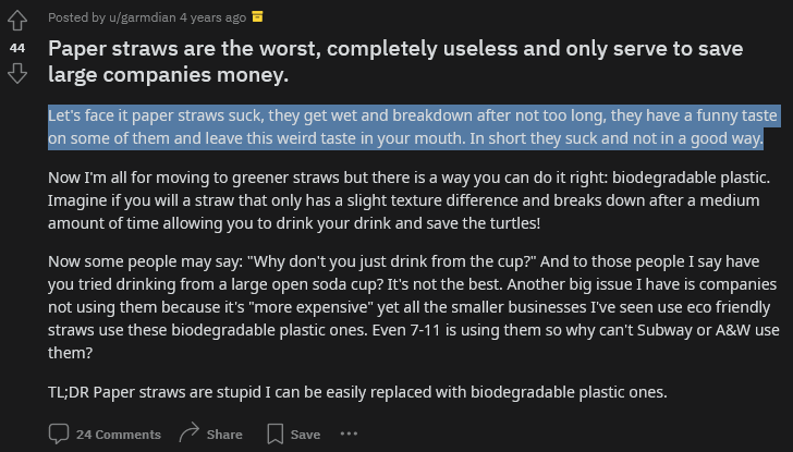 reddit user hating on plastic straws