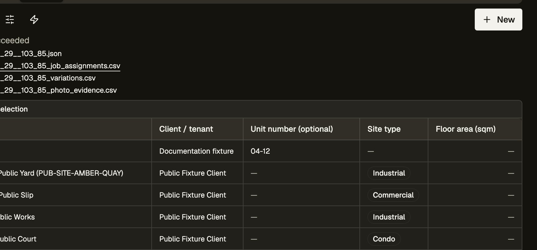 Site handover succeeded with the JSON and three CSV downloads