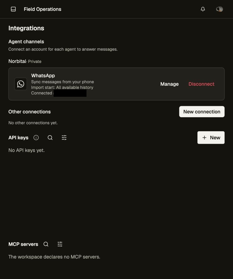 A connected WhatsApp agent channel with Manage, Disconnect and its import start (account number redacted)