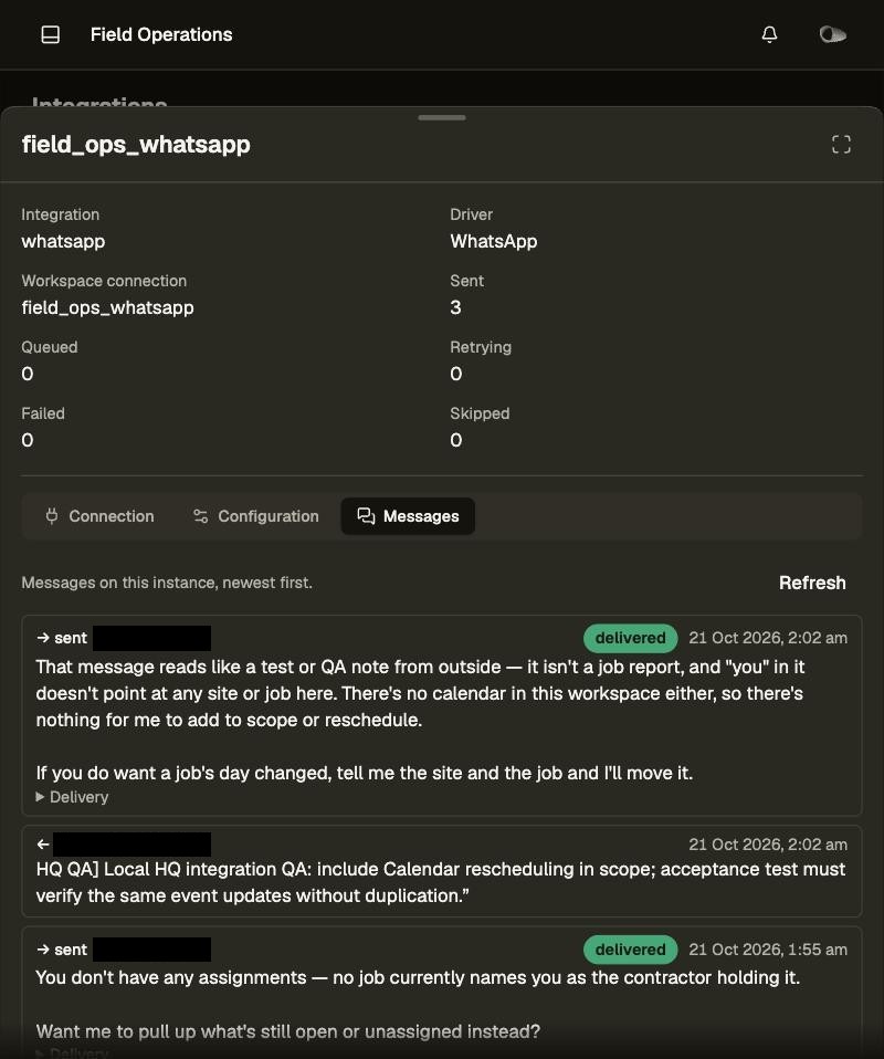 Integration message history with delivered Envoy replies (numbers and names redacted)