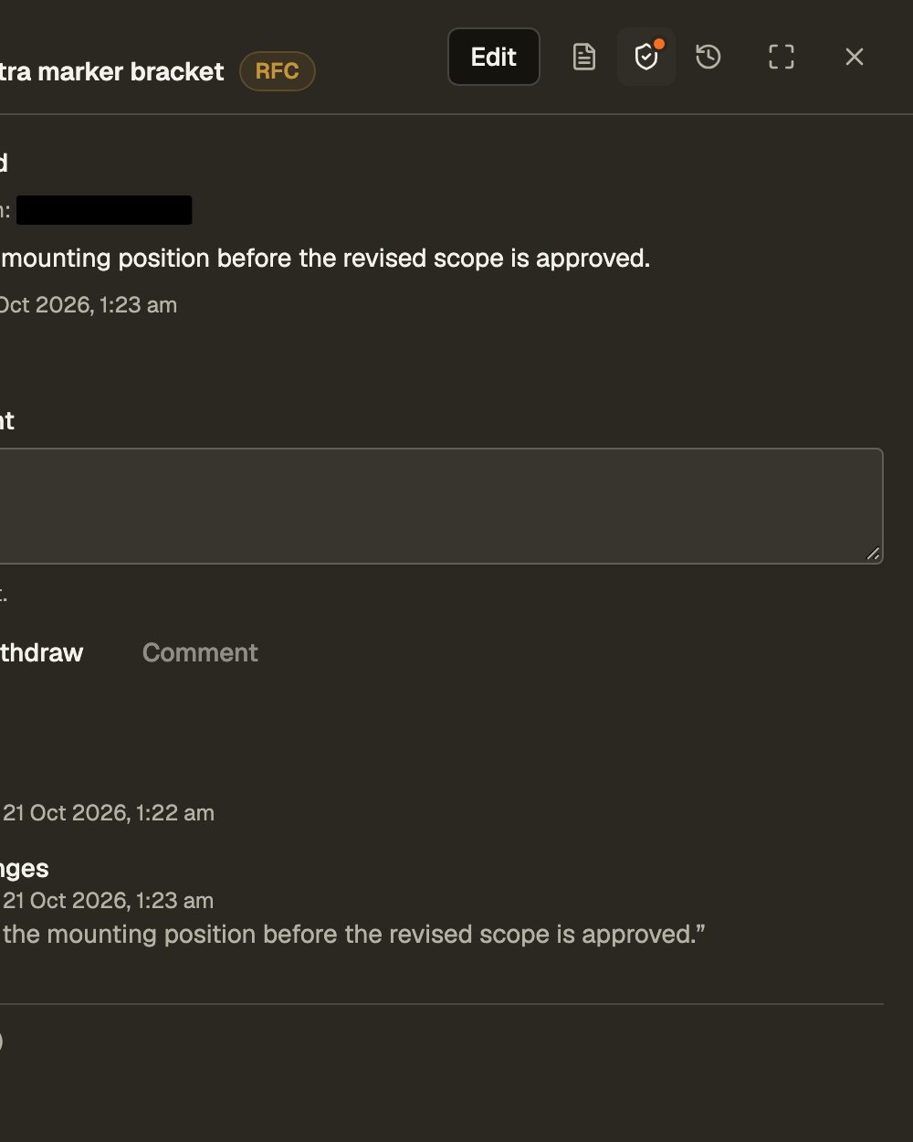 Changes requested: the compact RFC status, the reason, and Resubmit, Withdraw and Comment
