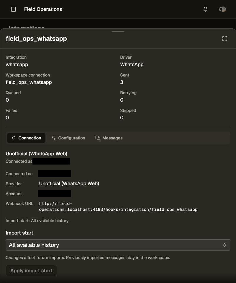 Connection tab of the paired instance: provider, account (redacted) and import start