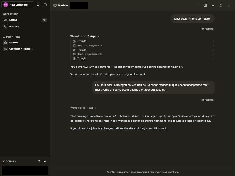 The Envoy's DM transcript: the member's query, the scoped assignment reads and the reply