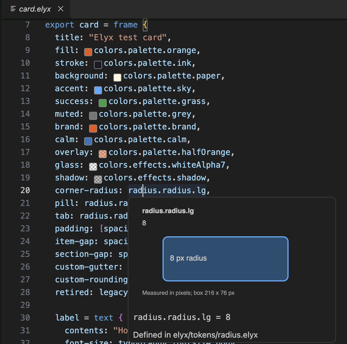 An Elyx file in VSCodium. Each colour token has a small swatch before it, and transparent colours show a checkerboard. A hover card for radius.radius.lg shows an 8 px rounded box, the resolved value and the file that defines it.