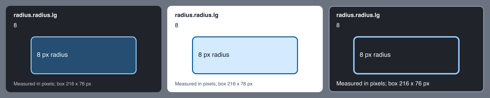 The same radius card three times: dark, light and high contrast. The high contrast card has a border, thicker lines, no fill inside the box and a larger footnote.