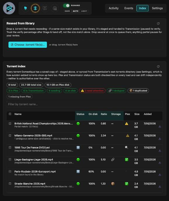 Torrent Index tab: filter pills row, then a table of torrents showing a mix of matched, partial-match, ambiguous, deduped, duplicated, and missing-from-Plex states
