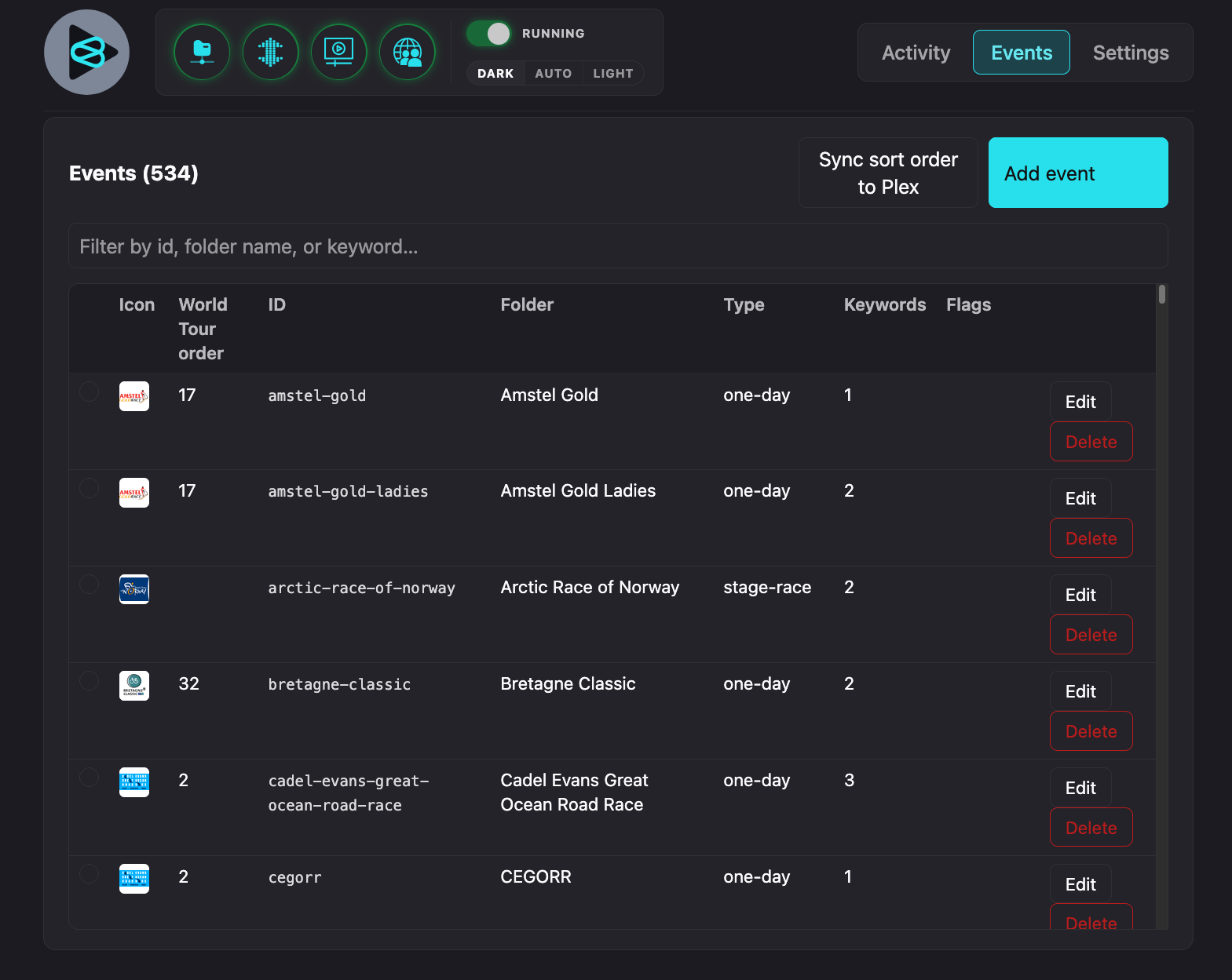 Events table showing the Icon, World Tour order, ID, Folder, and Type columns, each sortable by clicking its header