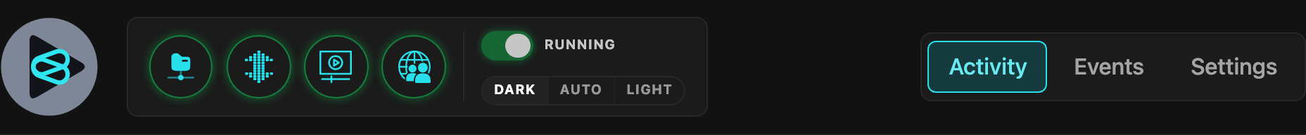 Full header: logo, four status icons, pause switch, theme toggle, and tab navigation