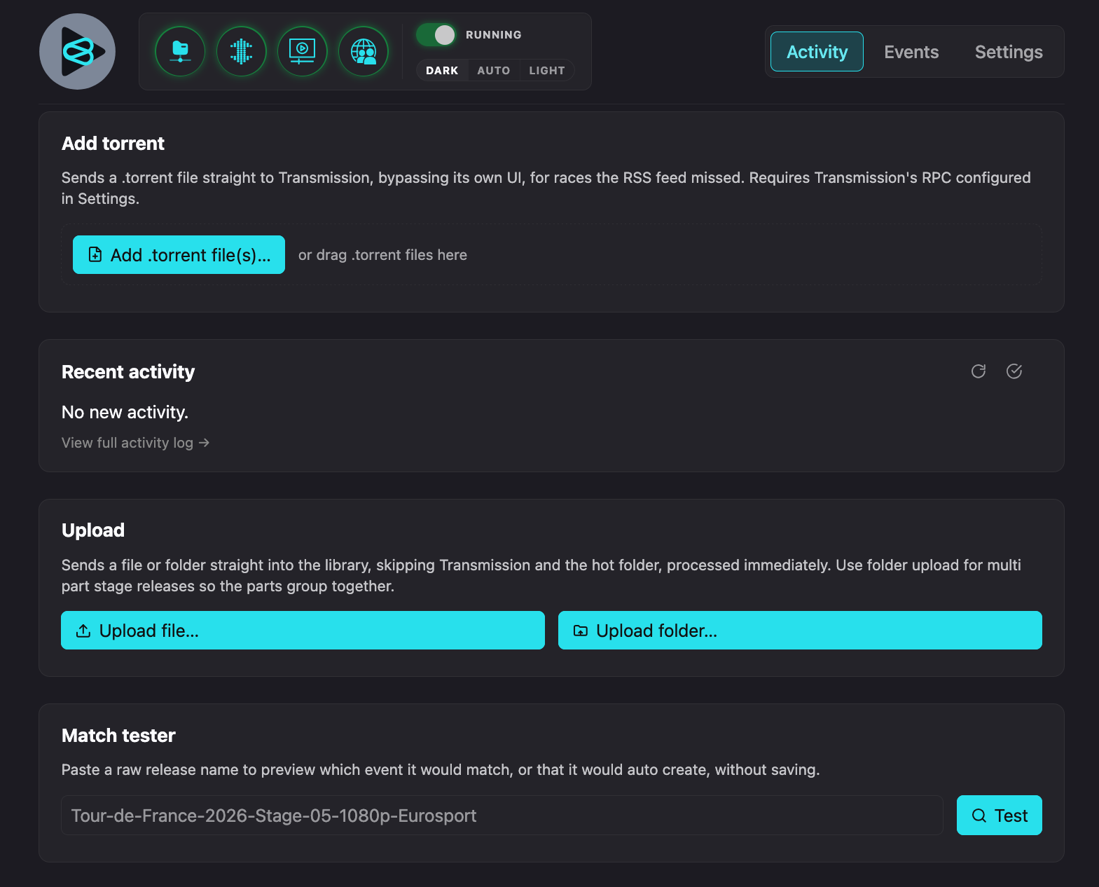 Activity tab in dark mode, showing all four sections