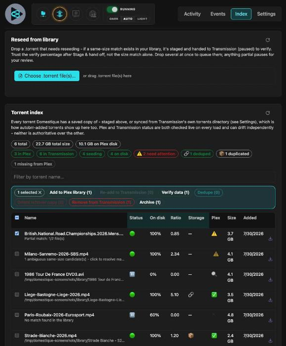 A row selected, with the bulk action bar showing eligible counts per action: Add to Plex library, Re-add to Transmission, Verify data, Dedupe, Delete leftover copy, Remove from Transmission, Archive
