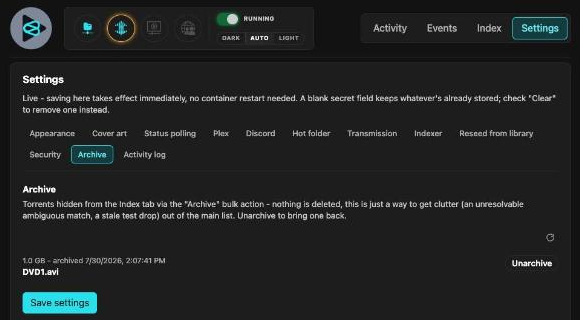 Settings tab's Archive panel: one archived torrent listed with its size, archived-at timestamp, and an Unarchive button