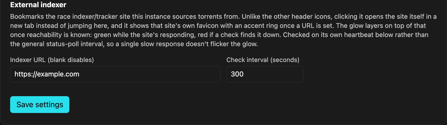 External indexer settings section: URL and check interval