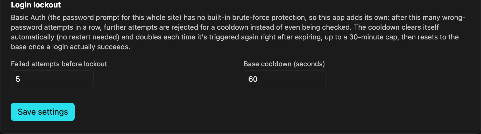 Login lockout settings section: failed-attempts threshold and base cooldown