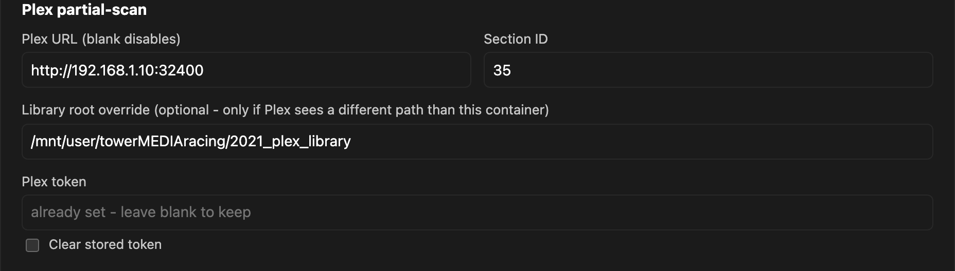 Plex settings section: URL, section id, library root override, token