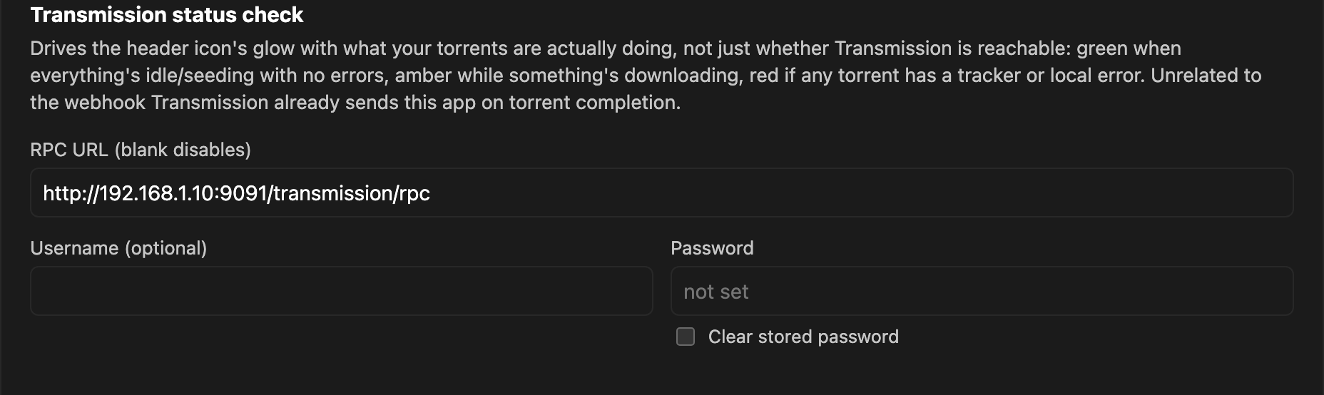 Transmission settings section: RPC URL, username, password