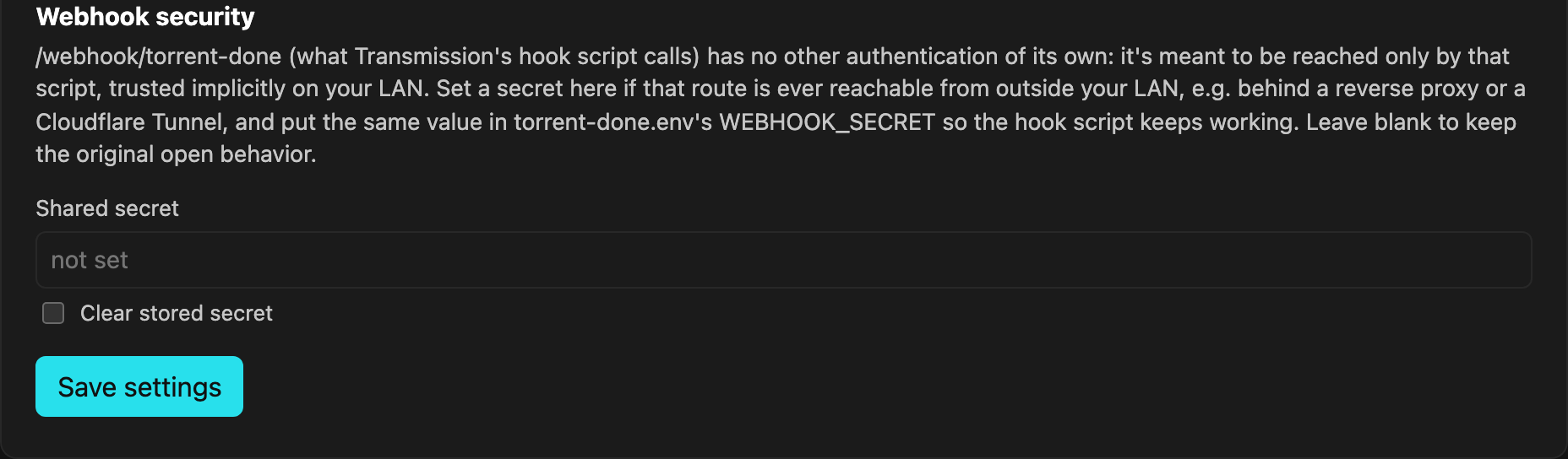Webhook security settings section: shared secret field