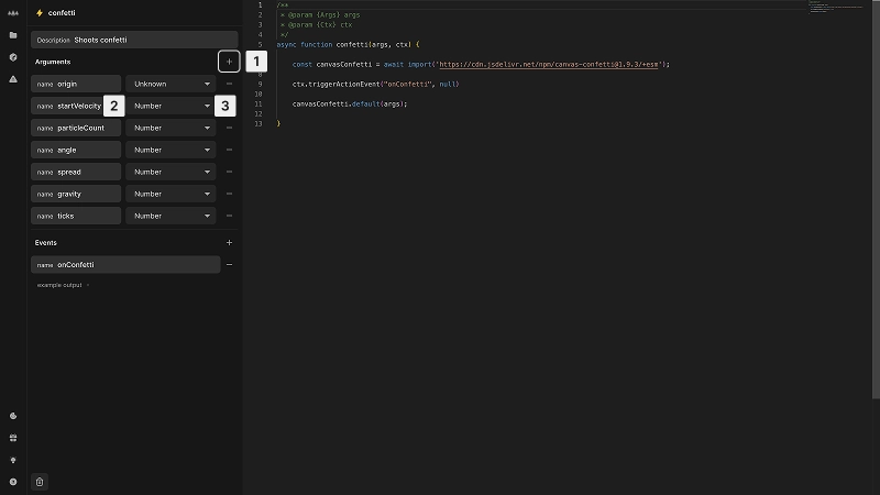 The confettig action is now being edited in a full screen view. To the right, a number of input arguments have been defined, a single event is defined, and the custom code is visible to the right in an IDE-like text editor. The image is annotated according to the list items below.