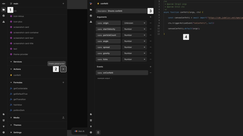 The project sidebar is visible on the left of the editor, showing an action named confetti in the actions list. To the right, the confetti action is visible, showing a number of input arguments, a single defined event name, and the custom code further to the right in an IDE-like text editor. The image is annotated according to the list items below.