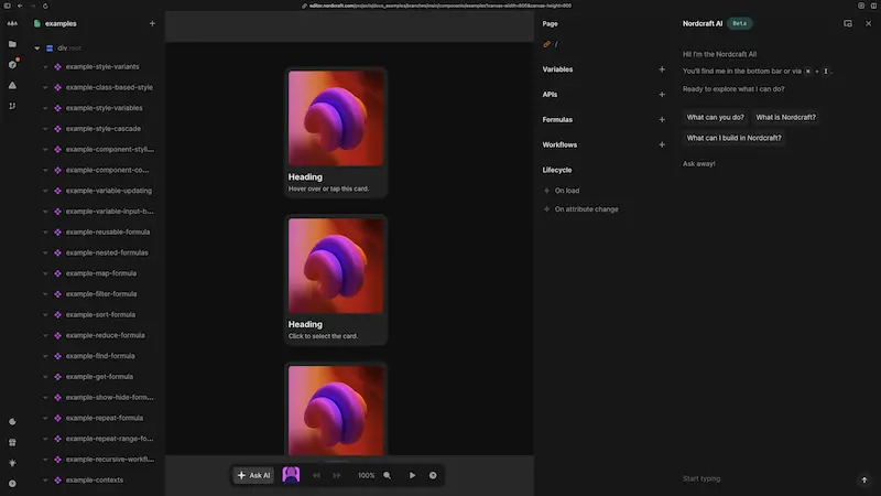 The Nordcraft editor, showing the AI Assistant window open on the right, with an input field at the bottom of it that says start typing. The Ask AI button on the bottom bar is hovered over, which shows it having a lighter grey background than the grey background of the bottom bar.