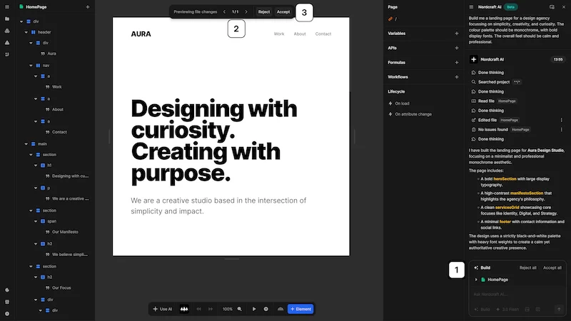 The AI panel in build mode, showing the user has entered the following prompt: Build me a landing page for a design agency focussing on simplicity, creativity, and curiosity. The colour palette should be monochrome, with bold display fonts. The overall feel should be calm and professional. This image is annotated relating to the list items below.