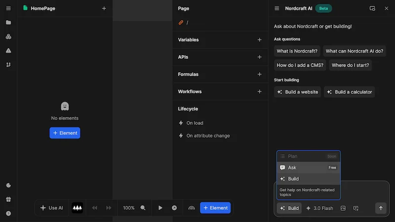 The AI assistant mode window, showing two modes available: ask and build.