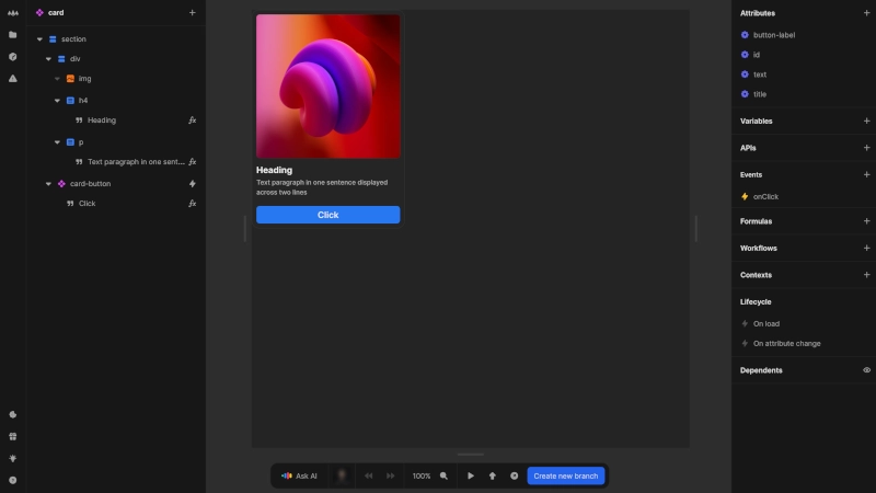 A card conponent is being edited. It comprises a number of HTML elements, and takes four attributes visible on the right panel: button label, ID, text and title.