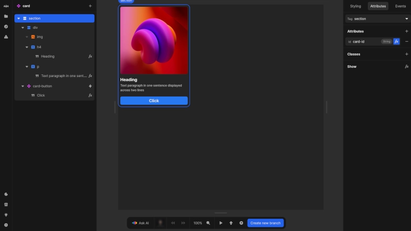 A component is being edited, with the HTML element visible. The component consists of a number of semantic HTML elements and also includes a Nordcraft card-button components.