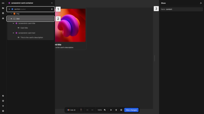 A component is being edited, a slot element is highlighted in the HTML element tree. In the right panel the name for the slot is defined as content.