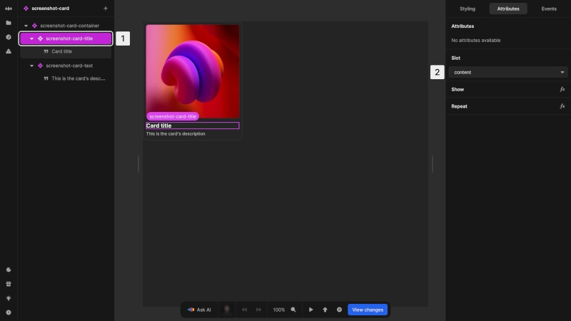 A component is selected, making the attributes panel visible on the right. In the slot section of the panel, a dropdown shows that this particular selected component has been assigned to the content slot, which was defined as a named slot in the parent component.