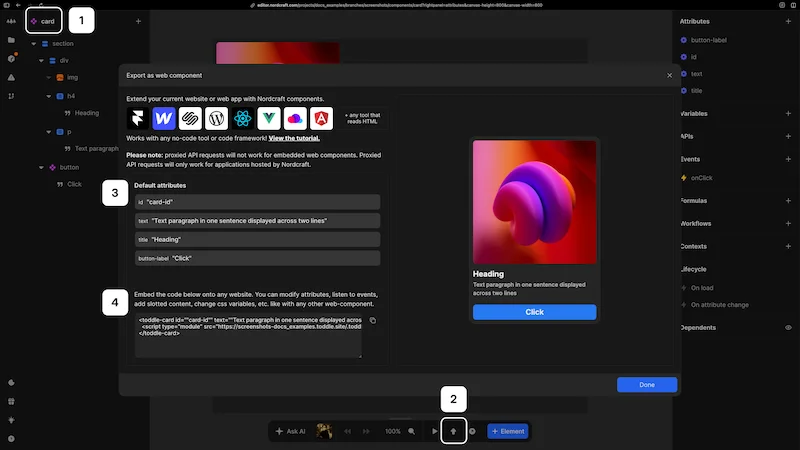 The export as web component dialog, giving information about why you would do this, a place for you to define default attributes, and the resulting embed code.