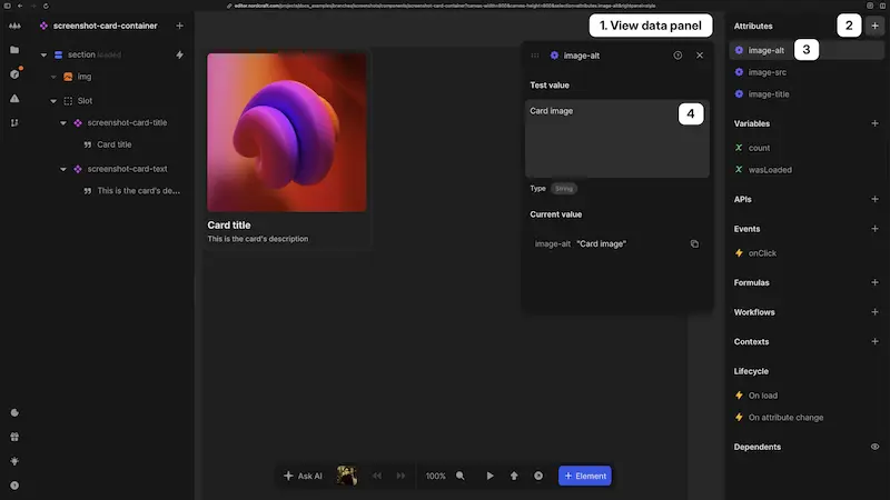 A component is being edited. An attribute named image-alt in the right sidebar is selected, which has opened the edit attribute dialog. Here you can define the name, test value and type of the attribute, and view the current value.