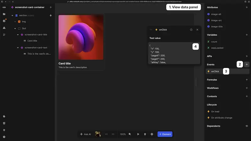 An onClick event is defined in the events list in the right panel. The event dialog is open, showing a test value of an object representing a JavaScript event.