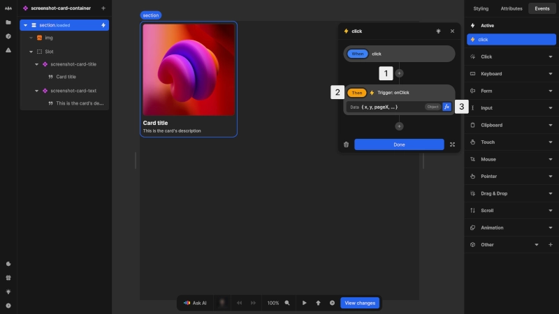 The events panel is open on the right, showing an active click event. The dialog for this event is open, showing a node tree that describes when the element is clicked, the onClick event is triggered.