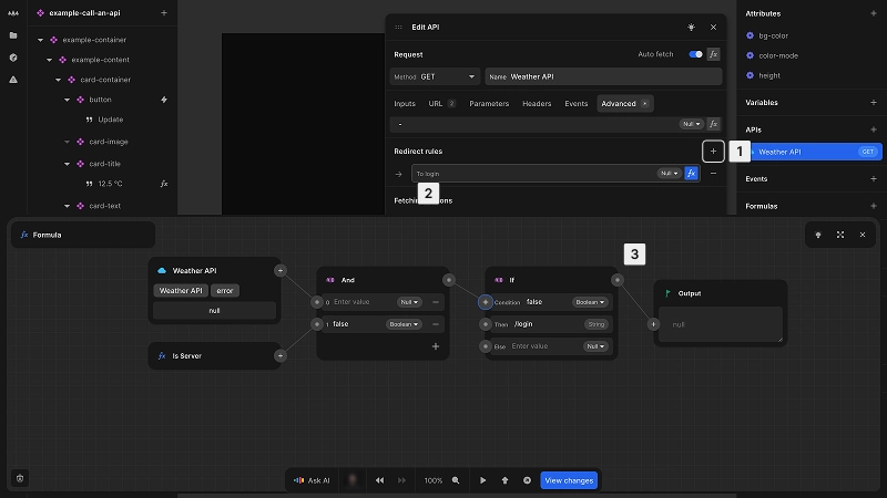 The edit API dialog is visible, with the advanced options tab selected. The redirect rules list has one configured redirect, showing a formula is active indicated by the blue fx button. The formula for this redirect rule is visible in the formula editor below, showing that if the API returns an error, and if the process is being run on the server, then the user should be redirected to the login route.