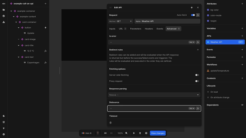 The edit API dialog is open. The currently selected tab is Advanced. This image highlights the debounce area, showing that the value for debounce is currently null, but can be configured using a formula using the fx button.
