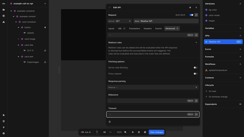 The edit API dialog is open. The currently selected tab is Advanced. This image highlights the timeout area, showing that the value for timeout is currently null, but can be configured using a formula using the fx button.