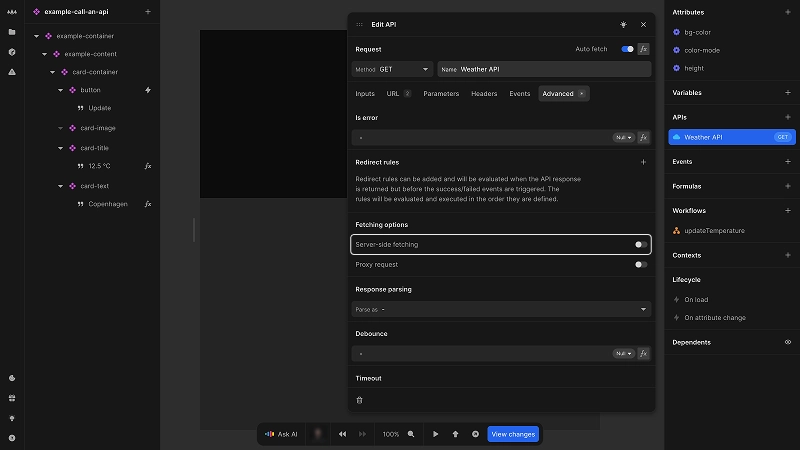 The edit API dialog is open. The currently selected tab is Advanced. This image highlights the fetching options area, showing that the value for server-side fetching is currently toggled to off.