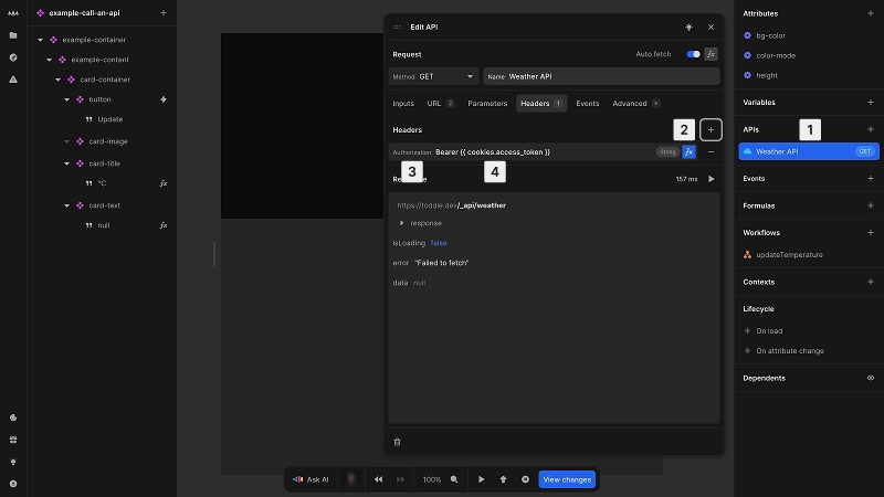The edit API dialog is open. The currently selected tab is Headers, which reveals a single header named authorization, with value of bearer cookies.access_token, surrounded by double curly braces, which has been generated via a formula, indicated by the blue fx button next to the field. At the bottom of the dialog is the response data from the API, showing a JSON object. The image is annotated according to the list items below.