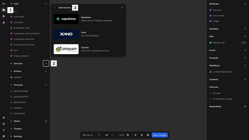 The project sidebar is visible to the left of the editor, showing the plus button next to the services list. The plus button has been clicked, which shows a new dialog listing three available pre-configured services available to add: Supabase, Xano and OpenAPI.