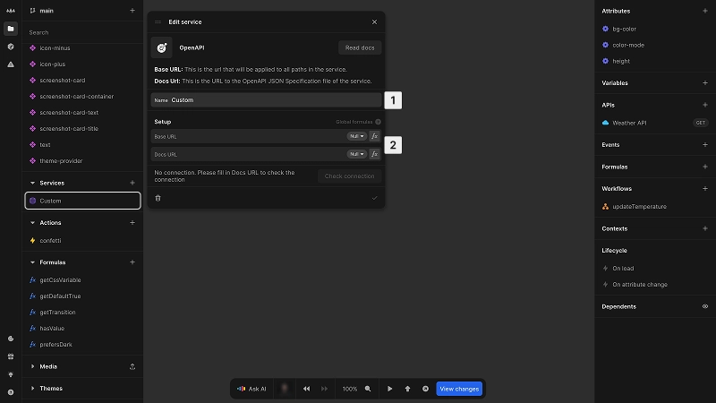 The OpenAPI service dialog is open. The name of the service is Custom and this is directly editable. In the setup section there below there are two input fields to paste a base URL and a docs URL. These values can also be defined via formulas indicated by the fx buttons to the right of each input. Below the input fields there is a status message on current connectivity, with a check connection button that is currently disabled. At the bottom of the dialog there are two options indicated by icons to either delete the service or confirm the connection credentials.