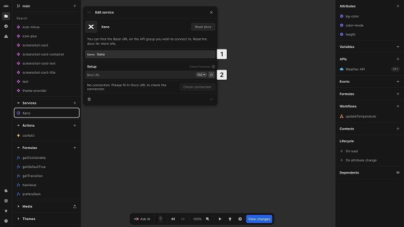The Xano service dialog is open. The name of the service is Xano and this is directly editable. In the setup section there below there is one input field to paste a Xano base URL. Thus values can also be defined via a formula indicated by the fx button to the right of the input. Below the input field there is a status message on current connectivity, with a check connection button that is currently disabled. At the bottom of the dialog there are two options indicated by icons to either delete the service or confirm the connection credentials.