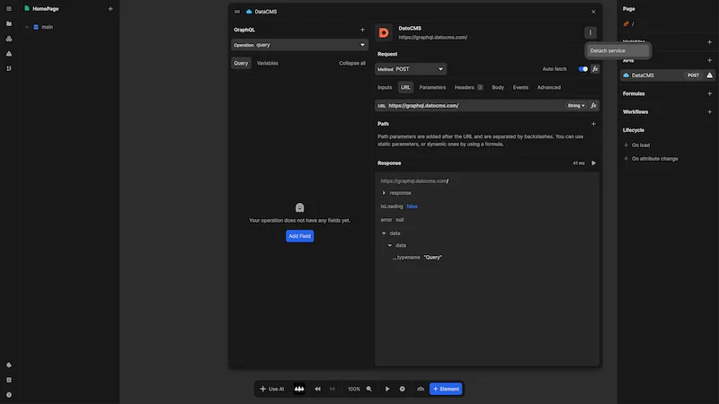 The API panel is open. A DatoCMS service is connected. The three dot menu at the top right of the API panel has been clicked, revealing a menu with one option to click: detach service.