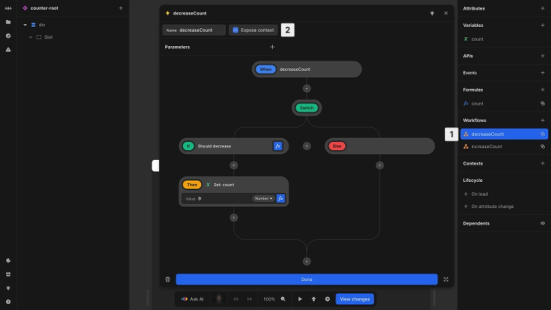 The workflow editor is open showing a switch case node, which checks to see if a counter should decrease. At the top of the workflow next to the workflow name, there is a checked checkbox with the label expose in context. The image is annotated according to the list items below.