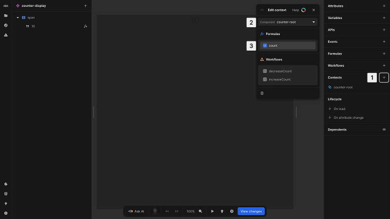 The attributes panel is visible on the right of the editor, showing a context in the contexts section named counter-root. This context is selected, and the context dialog is open. A checkbox next to the count formula is selected, giving the component access to the count formula defined higher up in the component tree.