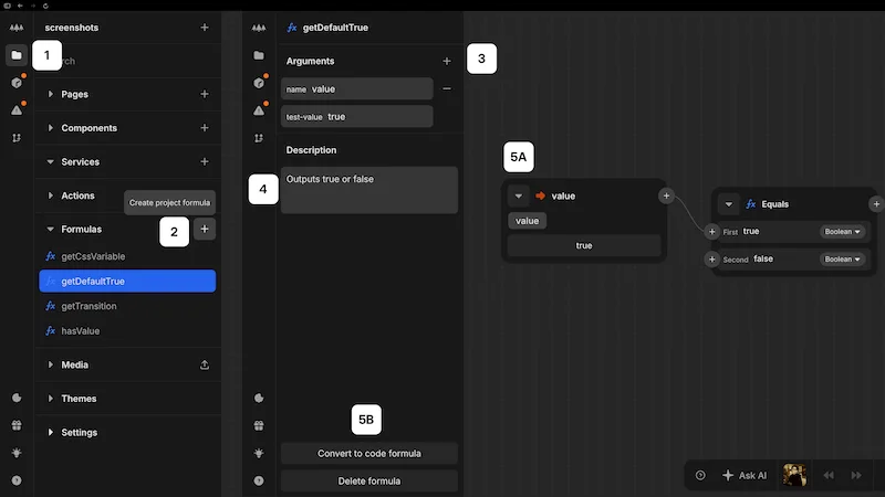 The project sidebar is visible in the editor, showing a list of formulas in the formula section. Formulas are named, for example, getCssVariable, getDefaultTrue, getTradition. On the left, the getDefautTrue formula editor is visible, showing a snapshot of the formula notes that make up this formula. The formula takes an input of name value, and checks to see if it equals false. Further logic is calculated in an if formula node. If it equals false, if returns false, else it returns true. Tne image is also annotated with numbers that correspond to the list items below.