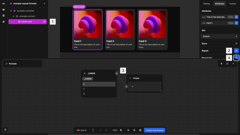 A repeat formula is visible in the formula editor. Blue fx buttons next to repeat and repeat key on the right attributes panel show that both the repeat and repeat key formulas are active. The visible repeat formula shows that the selected component in the HTML element tree is repeated based on data from the _CARDS variable. The _CARDS variable is an array, and as such, the demo card is repeated for every element in the _CARDS array.