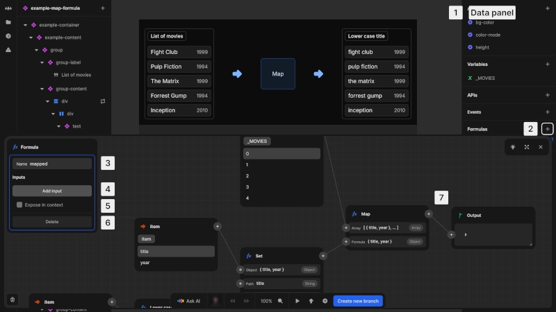 The formula editor is opening, taking up the bottom half of the editor screen. The formula is named maps. Half of the formula is visible, showing that the array _MOVIES is formatted into a new array, using the Set and Map formulas.